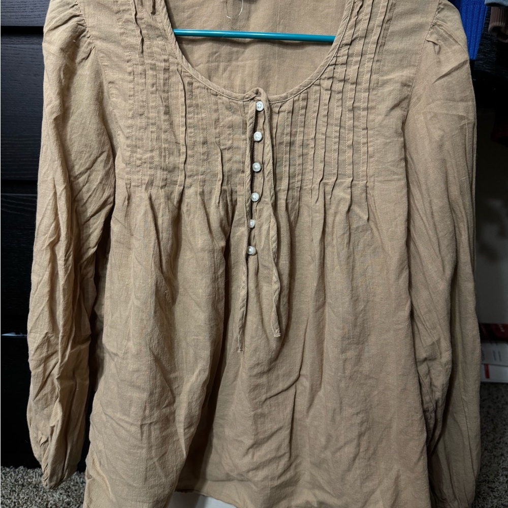American Eagle Outfitters Tan Smocked Long Sleeve Blouse